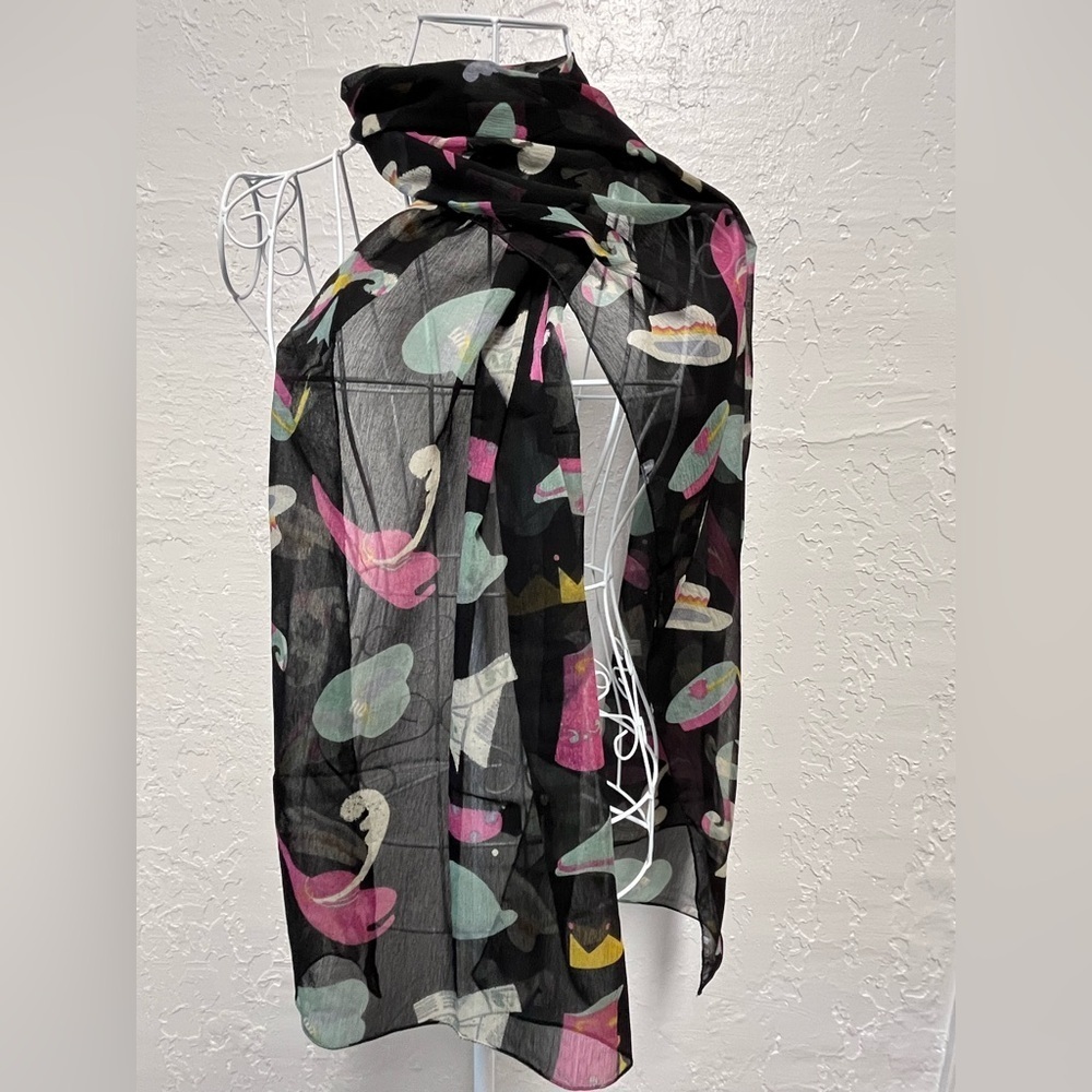 Vintage Black Scarf with Colorful Hat Print - 20” x 72”